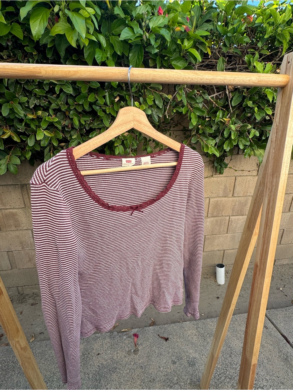 Levi's Women's Burgundy and White Striped Waffle Long-Sleeve Scoop Neck Top